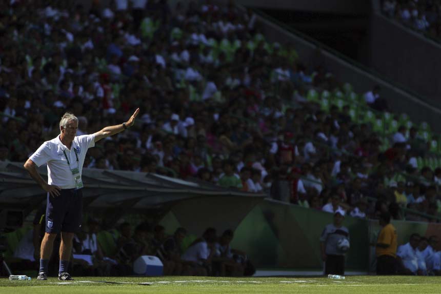John Peacock watches on from the sidelines against Uruguay.